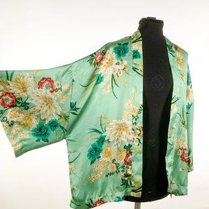 Seafoam Green Floral Print Short Kimono Coverup Medium